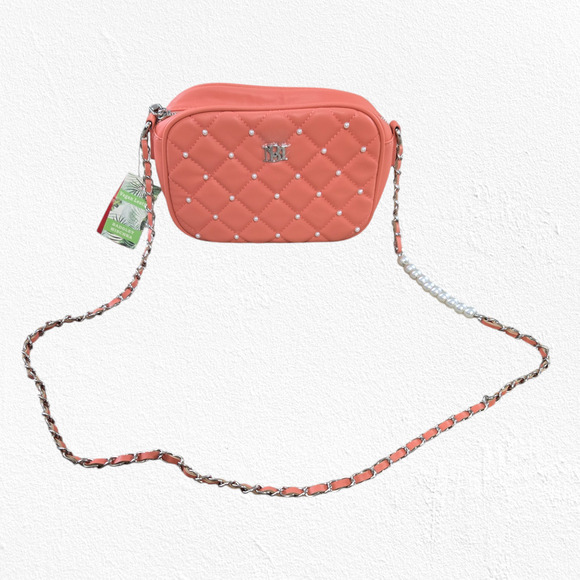 Badgley Mischka Coral Pink Quilted Diamond Pearl Crossbody Camera Bag Purse - Picture 2 of 10